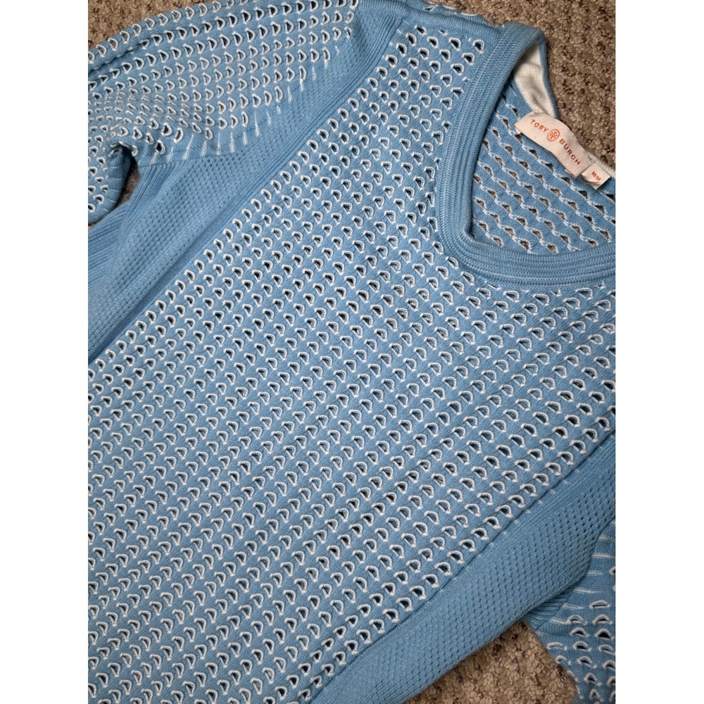 Tory Burch Light Blue White Pointelle Eyelet Knit Crewneck Sweater Womens M - Picture 6 of 8